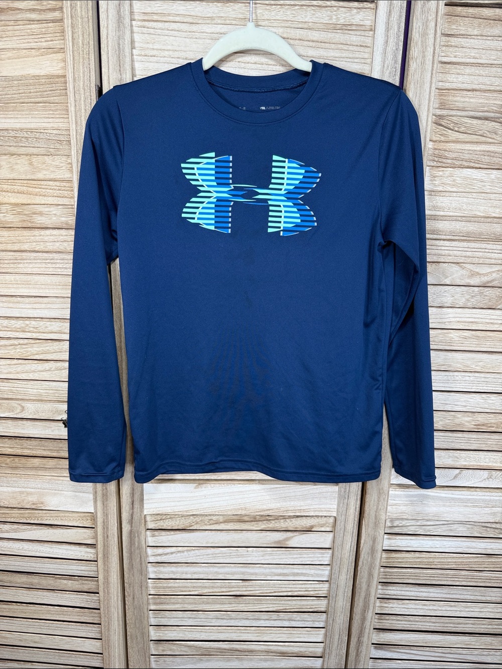 Under Armour Navy Long Sleeve Logo Tee with Blue-Aqua Accent Youth XL